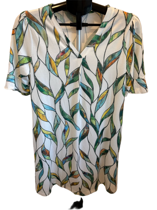 The Unbranded Brand Dresses & Skirts - White V-Neck Mini Dress with Green & Teal Leaf Print